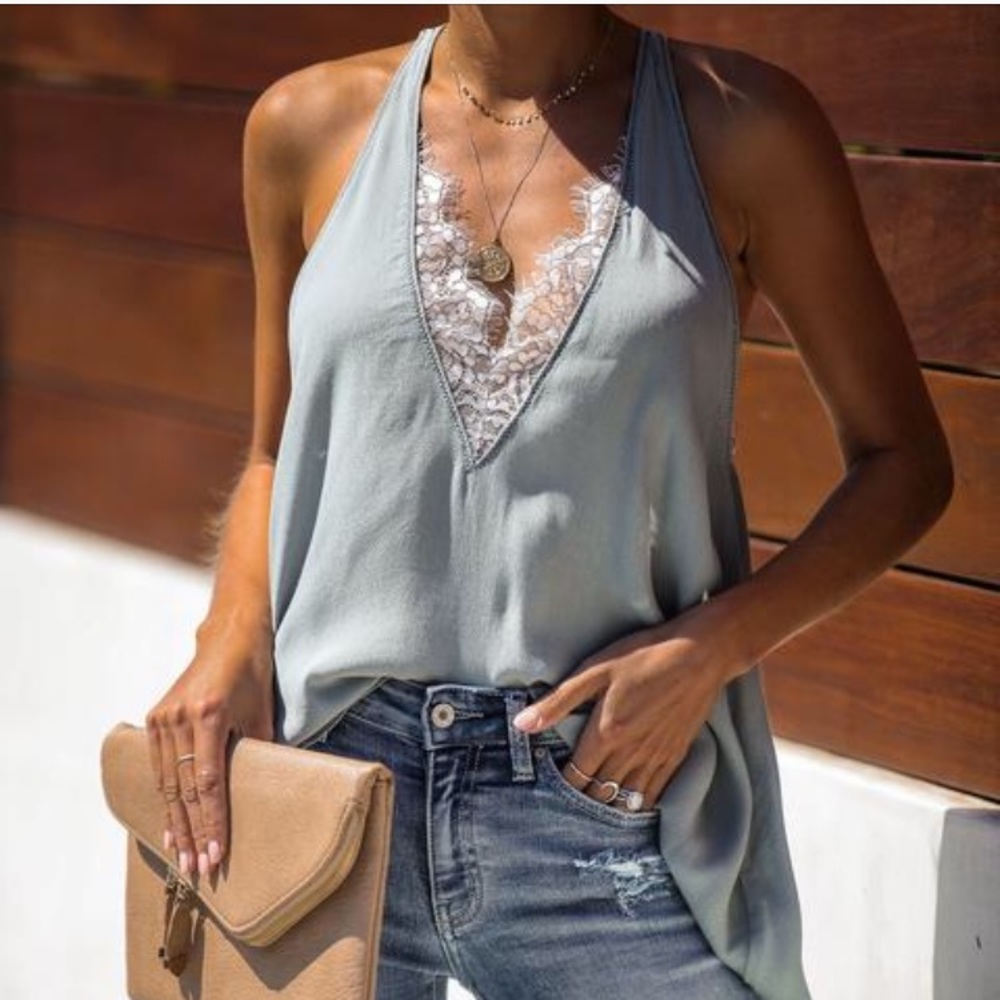 Faith Lace Trim Racerback Tank in Sage